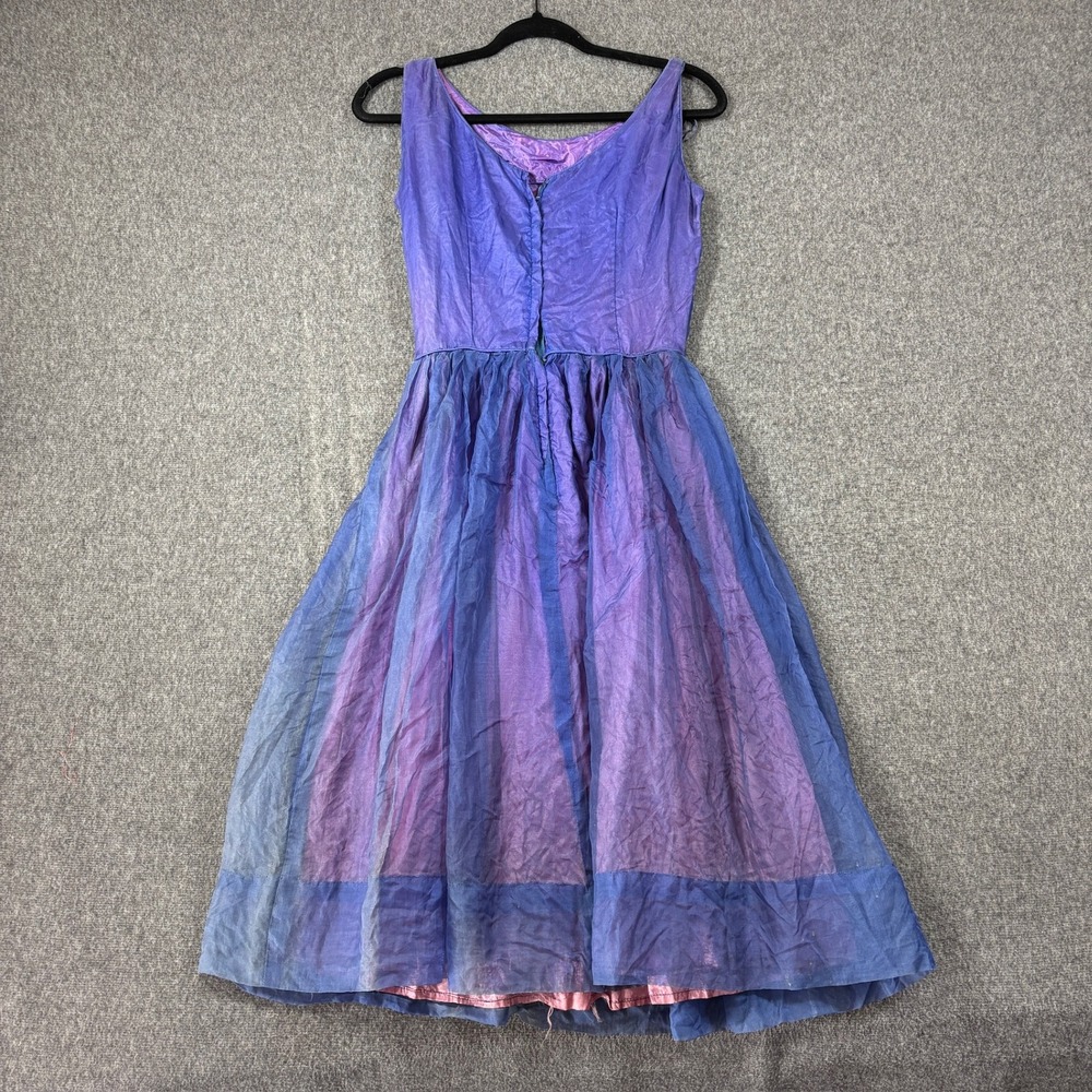 Vintage 50s Iridescent Purple Blue Organza Fit Flare Dress Bow Back Mid Century - Picture 7 of 10